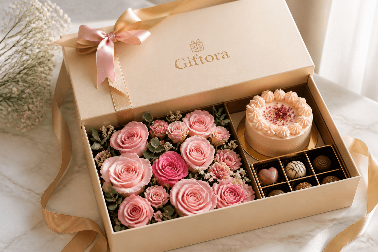 Open Giftora gift box with flowers, cake, and gold ribbon