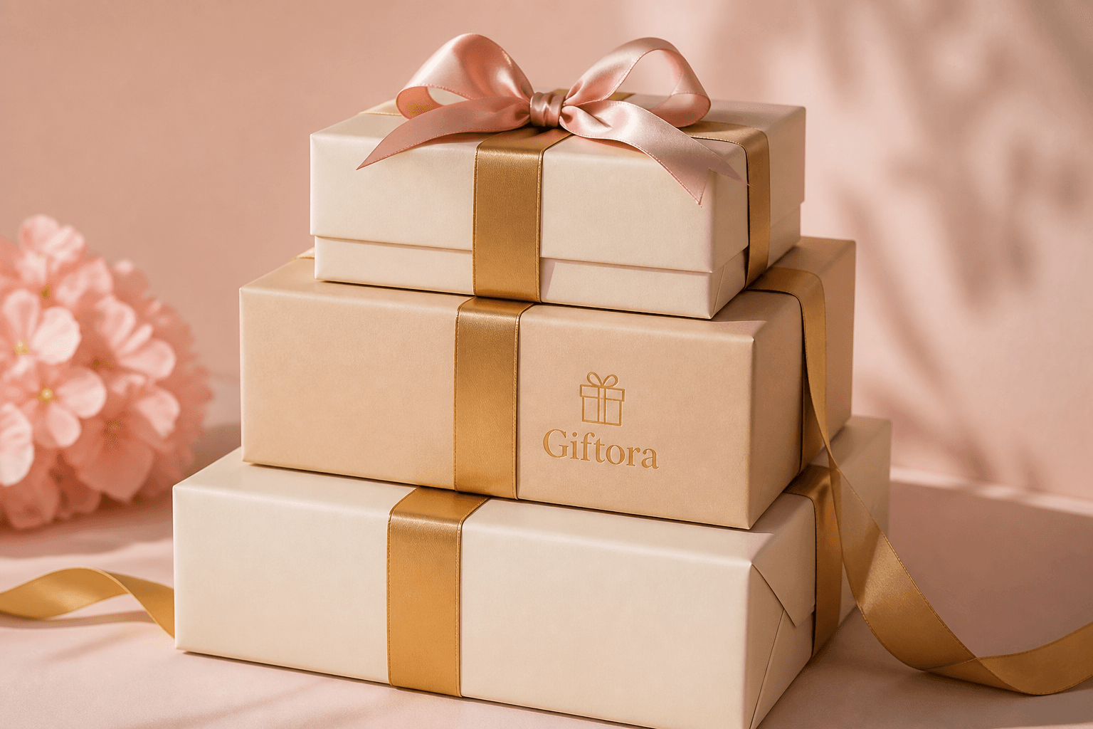 Stack of Giftora wrapped gift boxes with gold ribbons