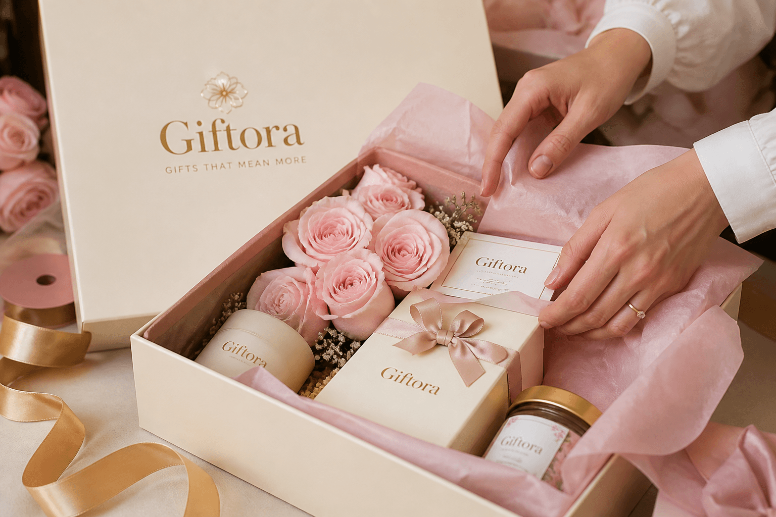 Hands carefully packing a Giftora branded gift box
